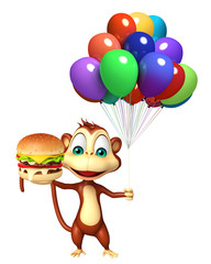 Naklejka premium cute Monkey cartoon character with baloon and burger