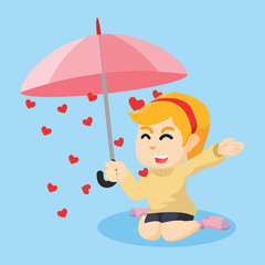 a girl raining heart inside umbrella