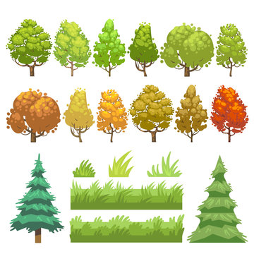 Trees and grass flat vector icons set. Green plant tree and nature grass, element for wood forest grass and tree illustration