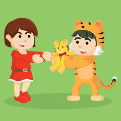 in tiger costume giving tiger doll