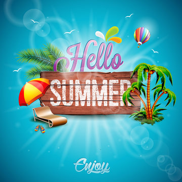 Vector Hello Summer Holiday typographic illustration with tropical plants, flower and hot air balloon on vintage wood background