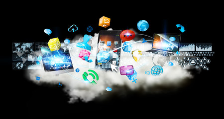 Tech devices and icons applications over a cloud © sdecoret