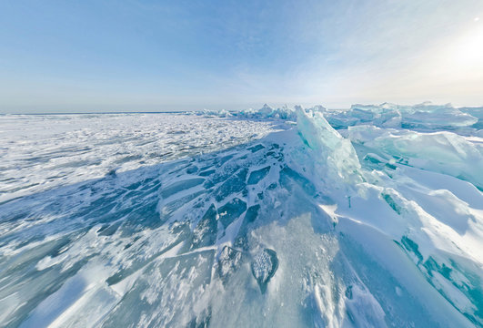 Blue ice hummocks Baikal stereographic panorama, Listvyanka