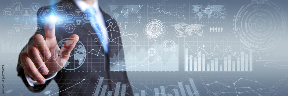 Poster businessman using digital tactile screen with charts