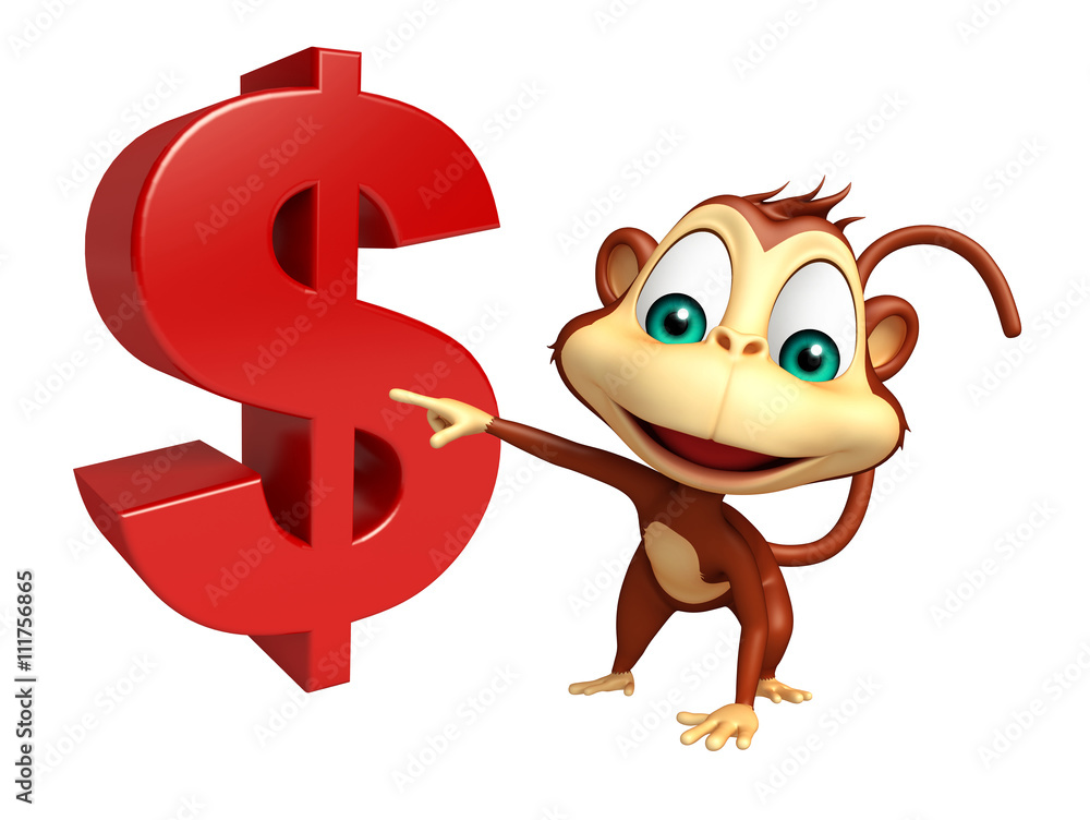 Poster cute Monkey cartoon character with dollar sign