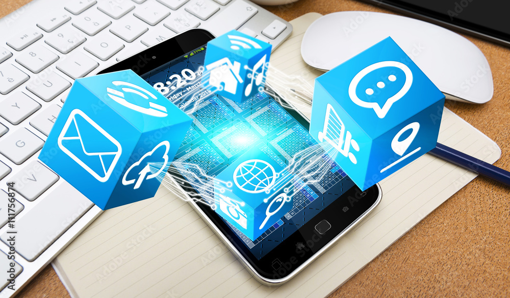 Poster modern digital cube application over mobile phone