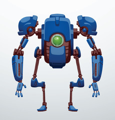 Vector image of funny blue robot with two arms and legs, with a green lens in the center of the body standing on a light gray background. Future, technology, modern. Vector humanoid robot.