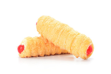 Cream filled pastry roll on white background