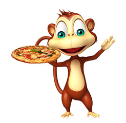 Naklejka premium Monkey cartoon character with pizza