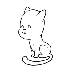 Vector cartoon image of a cute little black-white cat sitting with eyes closed and smiling on a white background. Made in monochrome style. Positive character. Vector illustration.