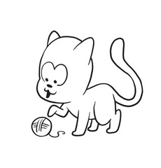 Vector cartoon image of a cute little black-white cat playing with a ball of yarn on a white background. Made in monochrome style. Positive character. Vector illustration.