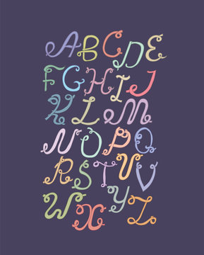 Hand drawn ABC funky letters, isolated on light background. Hand drawn colorful alphabet, vector illustration. Font based on swirl, loops and calligraphy style. Unique design for your print, lettering