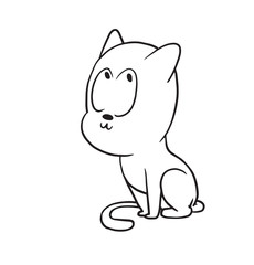Vector cartoon image of a cute little black-white cat sitting with a thoughtful expression on his face on a white background. Made in monochrome style. Positive character. Vector illustration.