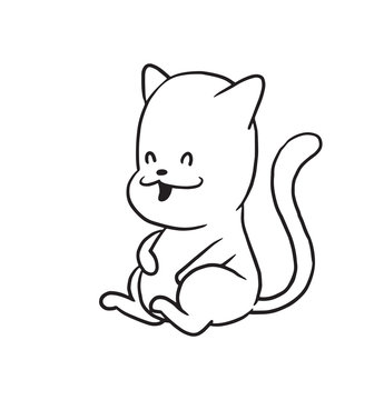 Vector cartoon image of a cute little black-white happy cat sitting after eating to satiety on a white background. Made in monochrome style. Positive character. Vector illustration.