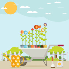 Spring Garden with Wheelbarrow, Watering Can and Flowers. Flat 