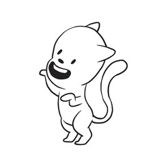 Obraz premium Vector cartoon image of a cute little black-white cat standing on his hind legs and smiling on a white background. Made in monochrome style. Positive character. Vector illustration.