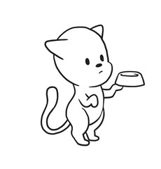 Vector cartoon image of a cute little black-white cat begging for food with a bowl in his paw on a white background. Made in monochrome style. Positive character. Vector illustration.