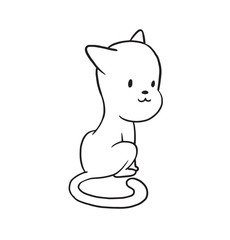 Vector cartoon image of a cute little black-white cat sitting with his back and turned his head on a white background. Made in monochrome style. Positive character. Vector illustration.
