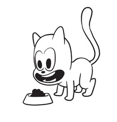 Vector cartoon image of a cute little black-white cat looking with admiration at the bowl with food on a white background. Made in monochrome style. Positive character. Vector illustration.