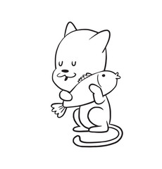 Vector cartoon image of a cute little black-white cat standing and hugging fish by his paws on a white background. Made in monochrome style. Positive character. Vector illustration.