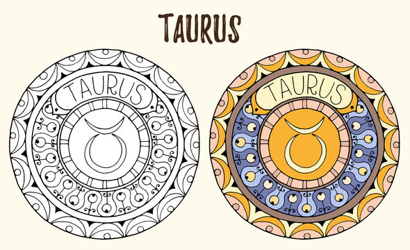 Zodiac signs theme. Black and white and colored mandalas with taurus zodiac sign. Zentangle mandala. Hand drawn mandala zodiac for tattoo art, printed media design, stickers, coloring book pages. 
