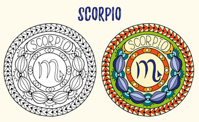 Zodiac signs theme. Black and white and colored mandalas with scorpio zodiac sign. Zentangle mandala. Hand drawn mandala zodiac for tattoo art, printed media design, stickers, coloring book pages. 