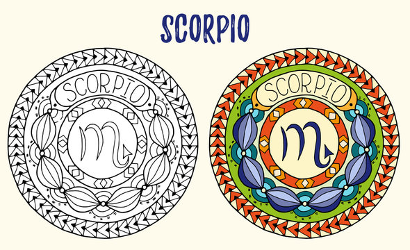 Zodiac signs theme. Black and white and colored mandalas with scorpio zodiac sign. Zentangle mandala. Hand drawn mandala zodiac for tattoo art, printed media design, stickers, coloring book pages. 