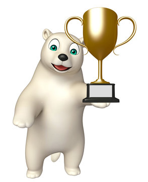 Polar bear cartoon character with winning cup