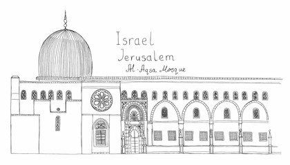 Hand drawn architecture sketch of Israel Jerusalem Al-Aqsa Mosque in Old City with lettering Israel Jerusalem Al-Aqsa Mosque vector