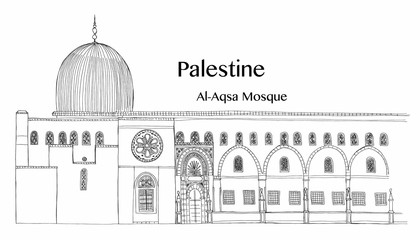 Hand drawn architecture sketch of Jerusalem Al-Aqsa Mosque in Old City with lettering Palestine Al-Aqsa Mosque vector