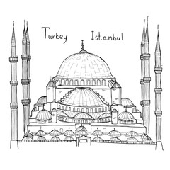 Hand drawn sketch illustration architecture landmark of Turkey Istanbul Blue Mosque(Sultanahmet Mosque) with lettering vector