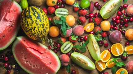 Foto op Plexiglas Various colorful tropical fruit selection on rustiv wooden background © sonyakamoz