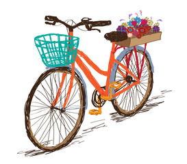 Fototapeta na wymiar Hand drawn tintage bicycle with flowers in rear basket