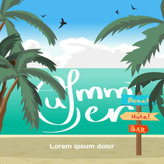 Summer vacation concept background with space for text. Wooden p