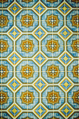 Closeup photo of beautiful old tiles, traditional decoration of Portugal 