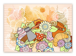 Breakfast theme. Pattern with tea cup, sweets and flowers. Tea and coffee hand drawn pattern with watercolor splash. Background element for menu, site, cafe, restaurant, teahouse. 
