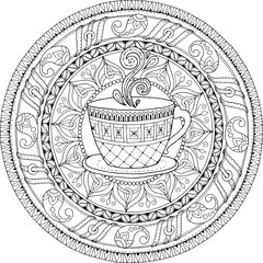 Tea and coffee theme. Circle tribal doodle ornament with cup of coffee. Hand drawn art mandala. Black and white ethnic background. Zentangle pattern for coloring book for adults and kids.