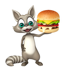 fun Raccoon cartoon character with burger