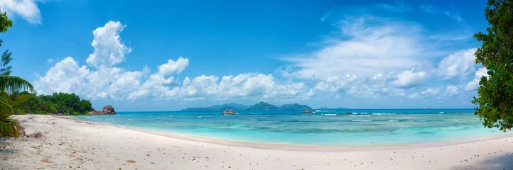 Velvet curtains Tropical beach panoramic view of tropical anse severe beach on la digue island in seychelles