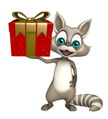 Raccoon cartoon character with giftbox