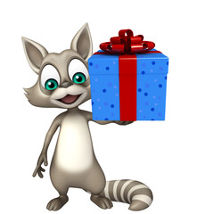 Raccoon cartoon character with giftbox