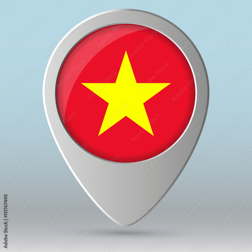 Poster map pointers with flag and 3d effect on grey background - vietnam