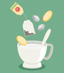 Tea cup with sugar and lemon. Flat vector.
