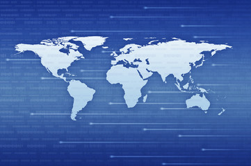 Digital world map with spot light over binary code blue backgrou
