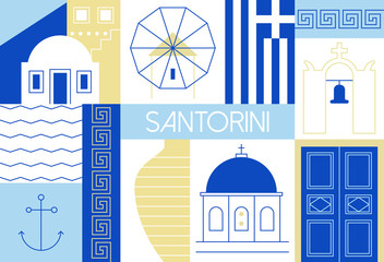 Santorini island flat and linear illustration.