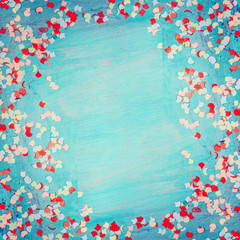 Blue turquoise party confetti background , frame. Festive greeting card or invitation card