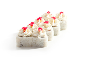 Maki Sushi Topped with Cream Cheese and Masago