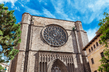 The main facade of Santa Maria del Pi church in Barcelona, Catalonia, Spain