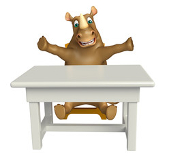 cute Rhino cartoon character with table and chair