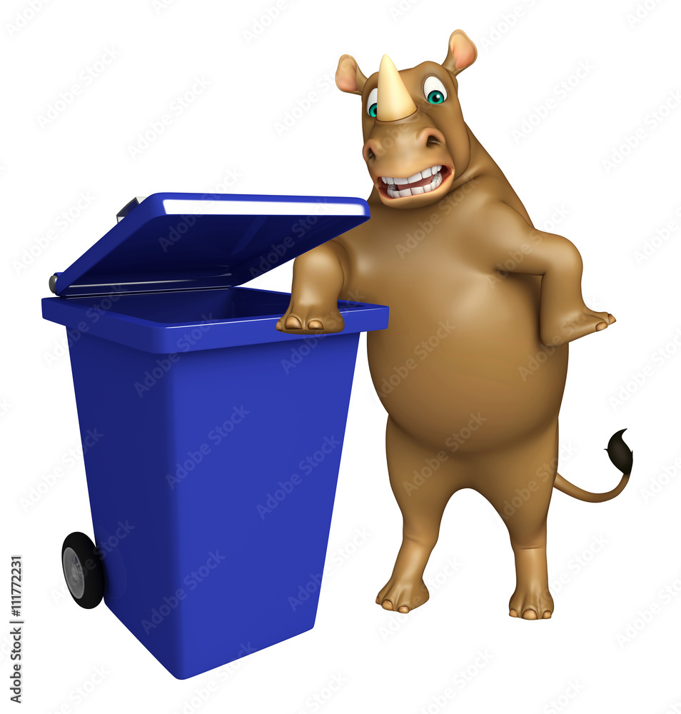 Sticker Rhino cartoon character with dustbin